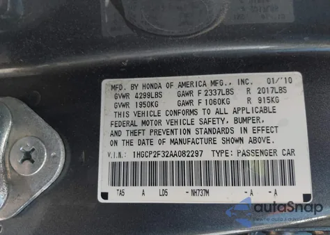 2010 Honda Accord 2.4 Lx from USA, damaged, VIN 1HGCP2F32AA082297